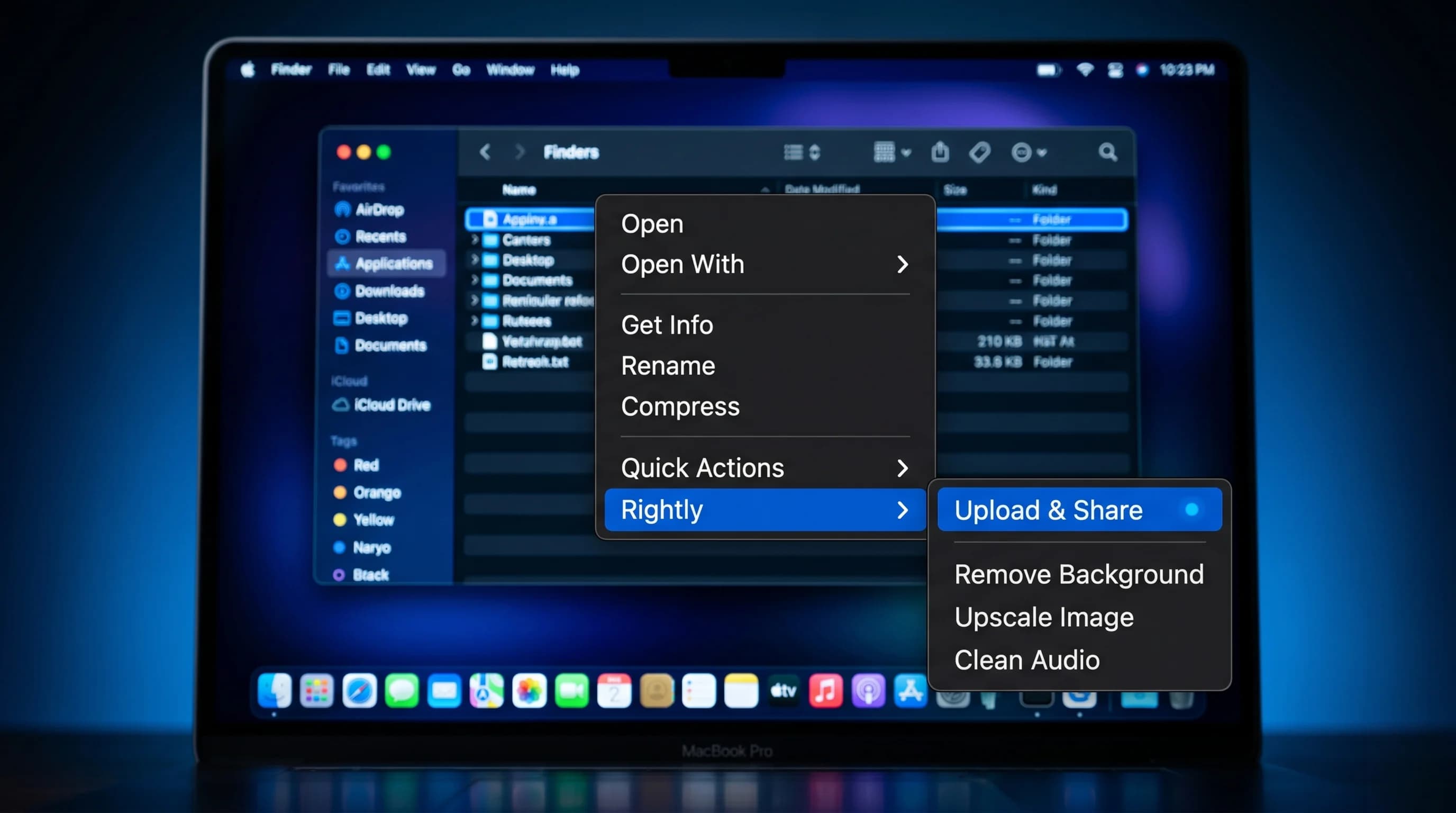 Finder macOS with Ricly context menu — Upload & Share