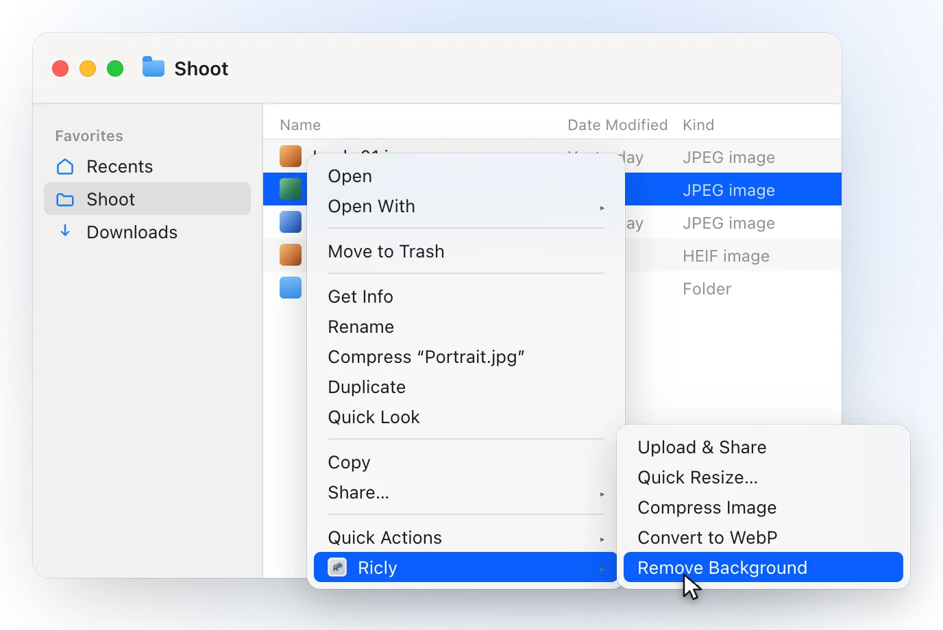 A Finder window on a Shoot folder with Portrait.jpg selected and the right-click menu open on Ricly, with Remove Background highlighted
