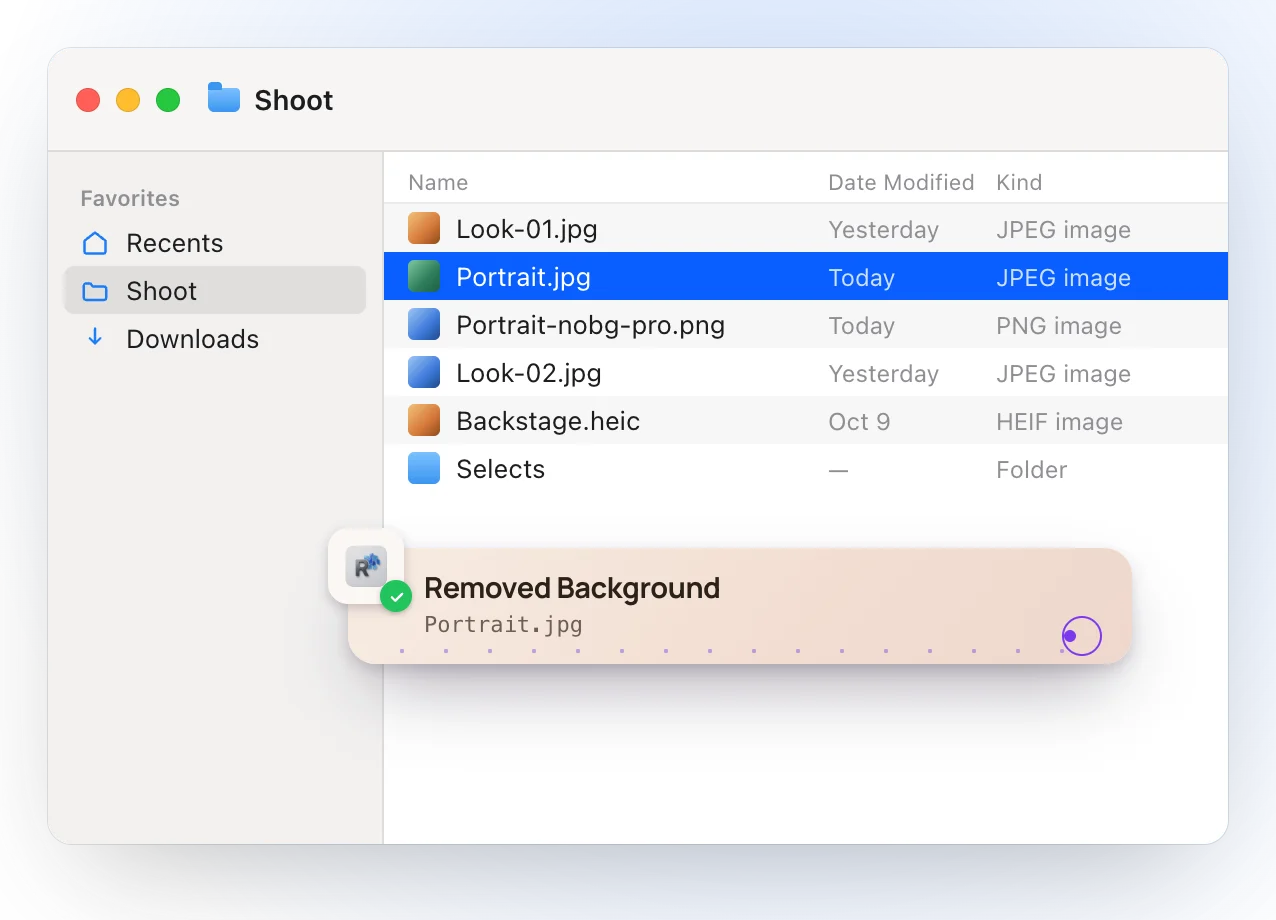 The Finder after removing the background: Portrait-nobg-pro.png appears next to Portrait.jpg, and a Ricly notice reads Removed Background, Portrait.jpg