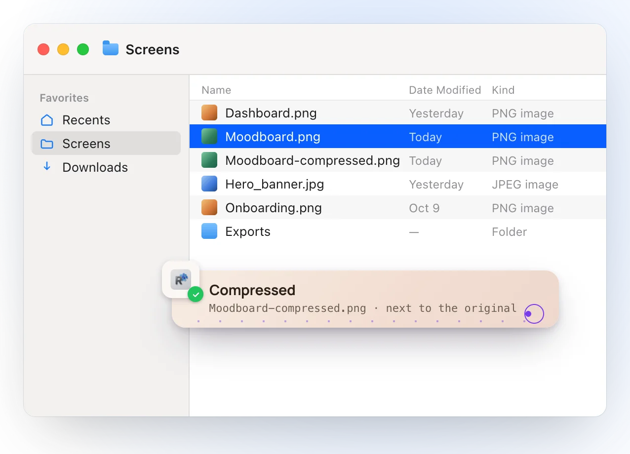 The Finder after compressing: Moodboard-compressed.png appears next to Moodboard.png, and a Ricly notice reads Compressed, Moodboard-compressed.png, next to the original