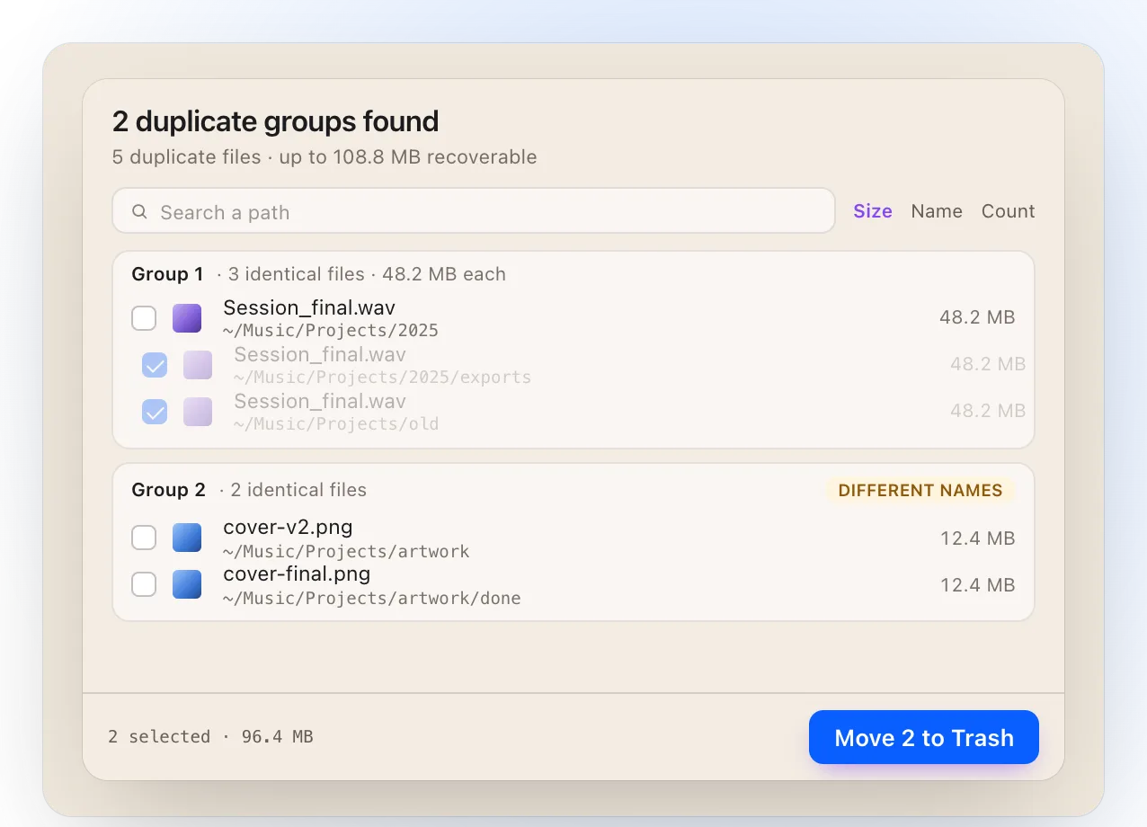 Ricly’s duplicates panel: 2 duplicate groups found in a Projects folder and everything inside, a group of three identical Session_final.wav files with two copies ticked, a second group marked Different names, and a Move 2 to Trash button