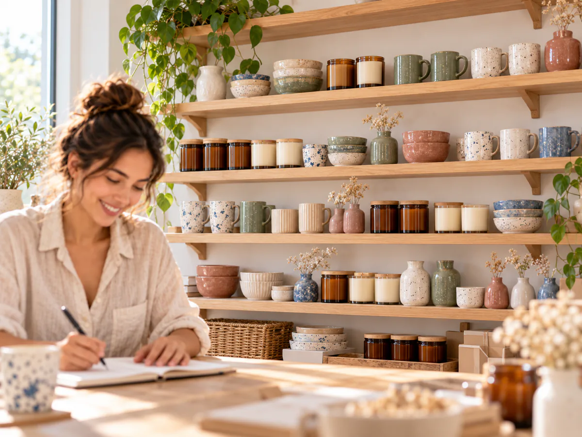 A seller takes notes in front of shelves full of candles, mugs and bowls.