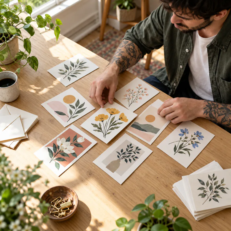 A man lays out botanical greeting cards on a wooden table.
