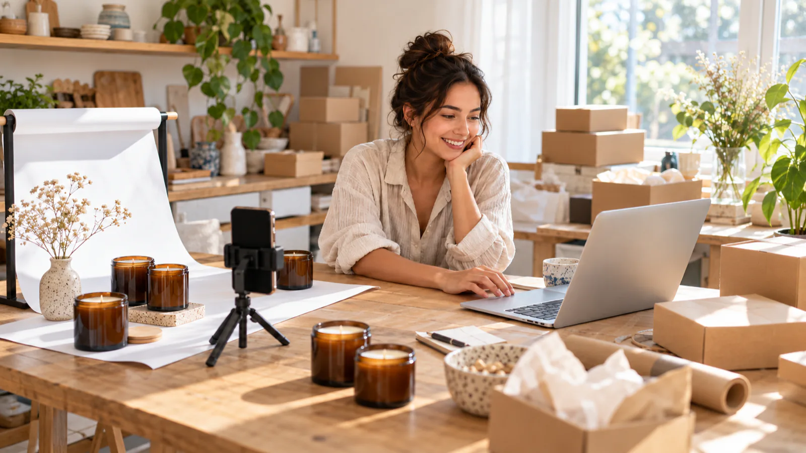 A small-business owner smiles at her laptop in a sunny home studio, with candles on a white photo backdrop.