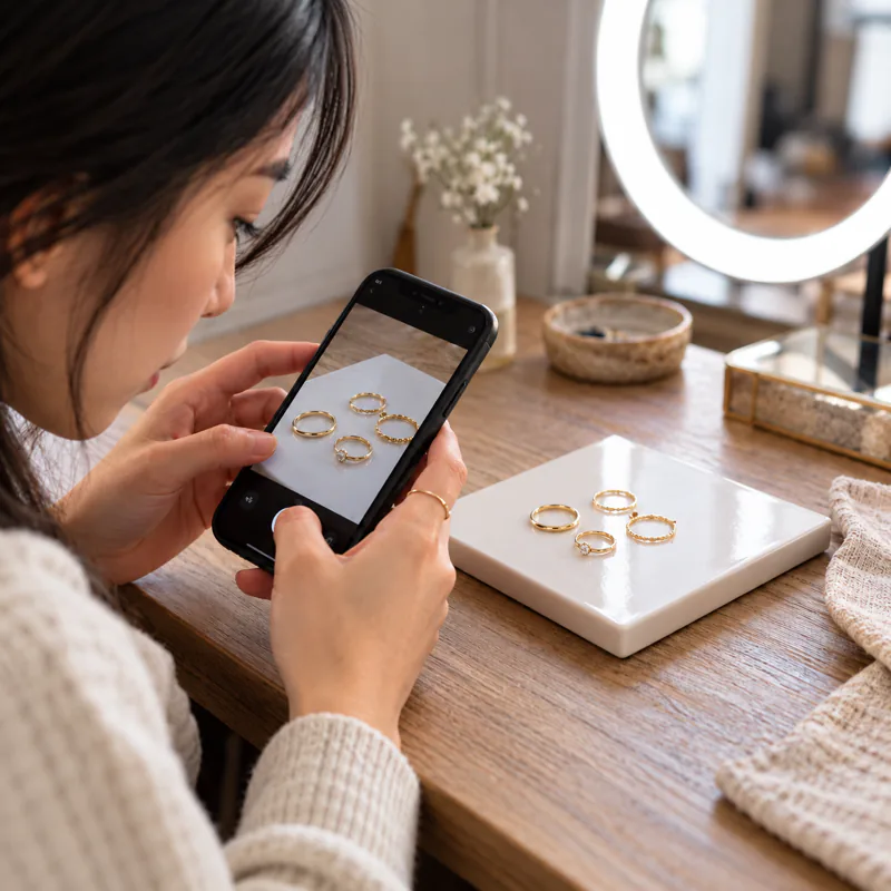 A woman photographs gold rings on a white tile with her phone.