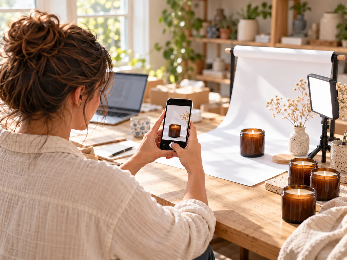 A seller photographs an amber candle with her phone, in front of a white backdrop and a small light.