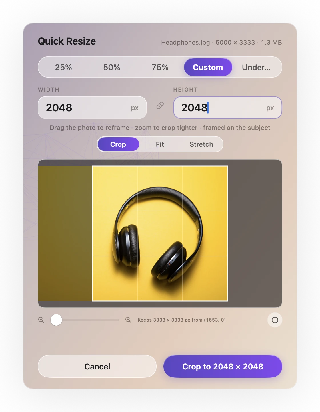 Ricly's Quick Resize panel set to 2048 by 2048 pixels with Crop, previewing a square crop of a headphones photo.