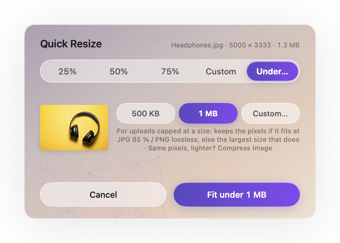 Ricly's Quick Resize panel with Under… and 1 MB selected for a headphones photo.