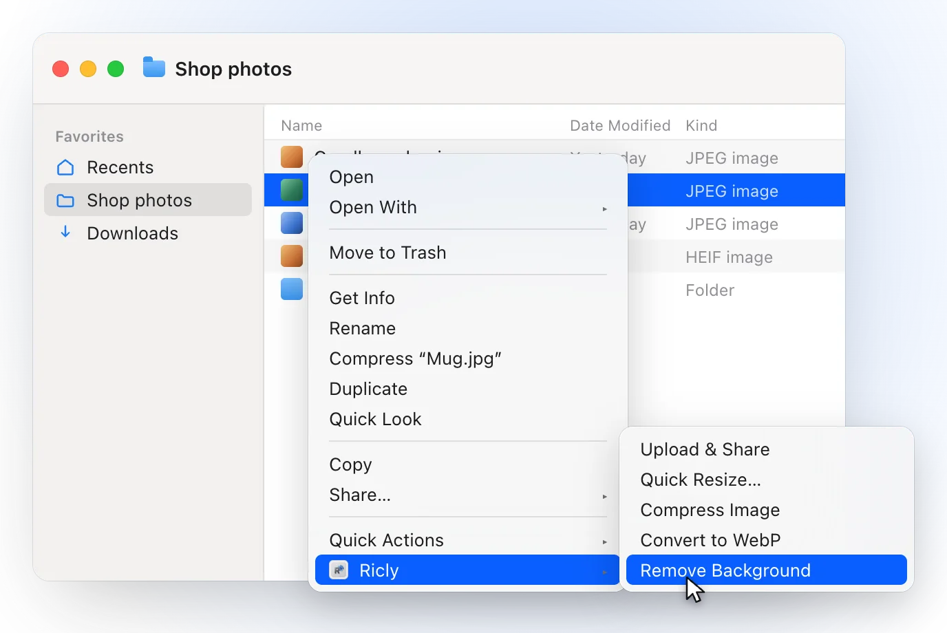 A Finder window on a Shop photos folder with Mug.jpg selected and the right-click menu open on Ricly, with Remove Background highlighted