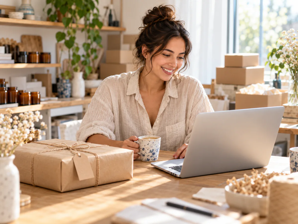 A seller works on her laptop next to a wrapped parcel.
