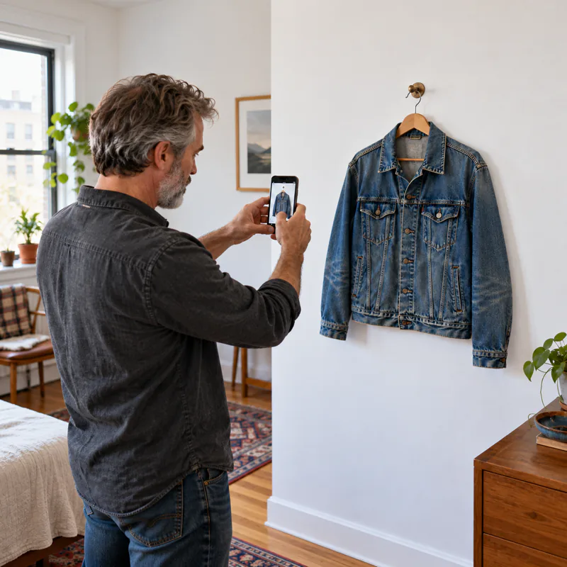 A man photographs a denim jacket hung on a white wall.