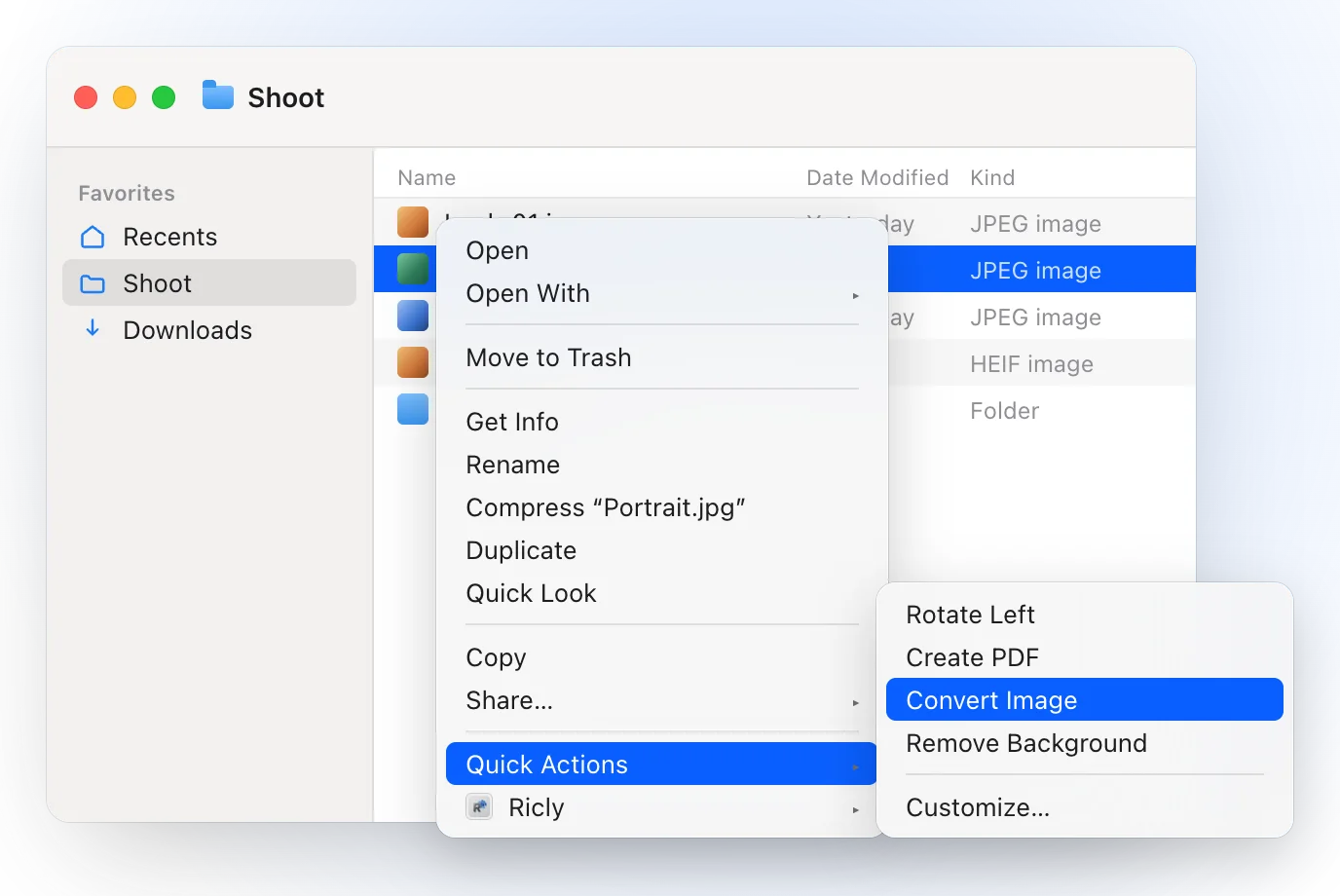 A Finder window on a Shoot folder with Portrait.jpg selected and the right-click menu open on Quick Actions: Rotate Left, Create PDF, Convert Image, Remove Background and Customize…