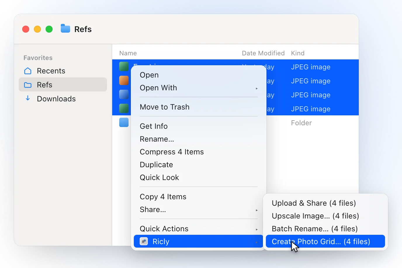 A Finder window on a Refs folder with four photos selected and the right-click menu open on Ricly, with Create Photo Grid (4 files) highlighted
