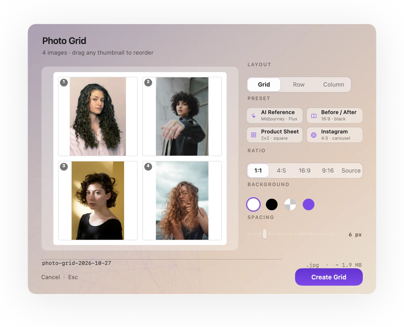 Ricly’s Photo Grid window: four portraits in a 2 × 2 grid, with the Layout, Preset, Ratio, Background and Spacing settings and the button Create Grid