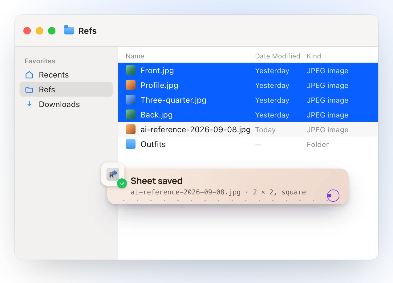 The Finder after composing: ai-reference-2026-09-08.jpg appears next to the four photos, and a Ricly notice reads Sheet saved, 2 × 2, square