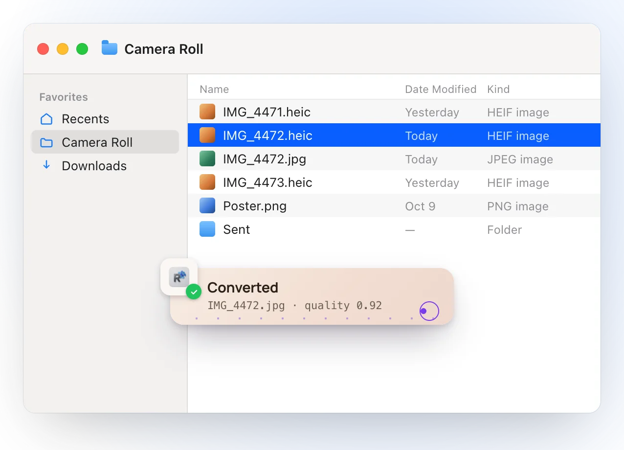 The Finder after converting: IMG_4472.jpg appears next to IMG_4472.heic, and a Ricly notice reads Converted, IMG_4472.jpg, quality 0.92