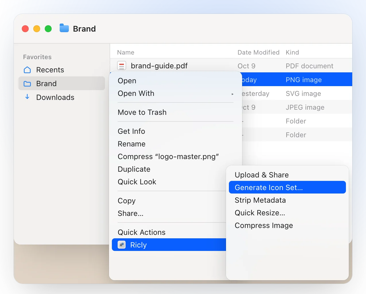 A Finder window on a Brand folder with logo-master.png selected and the right-click menu open on Ricly, with Generate Icon Set highlighted