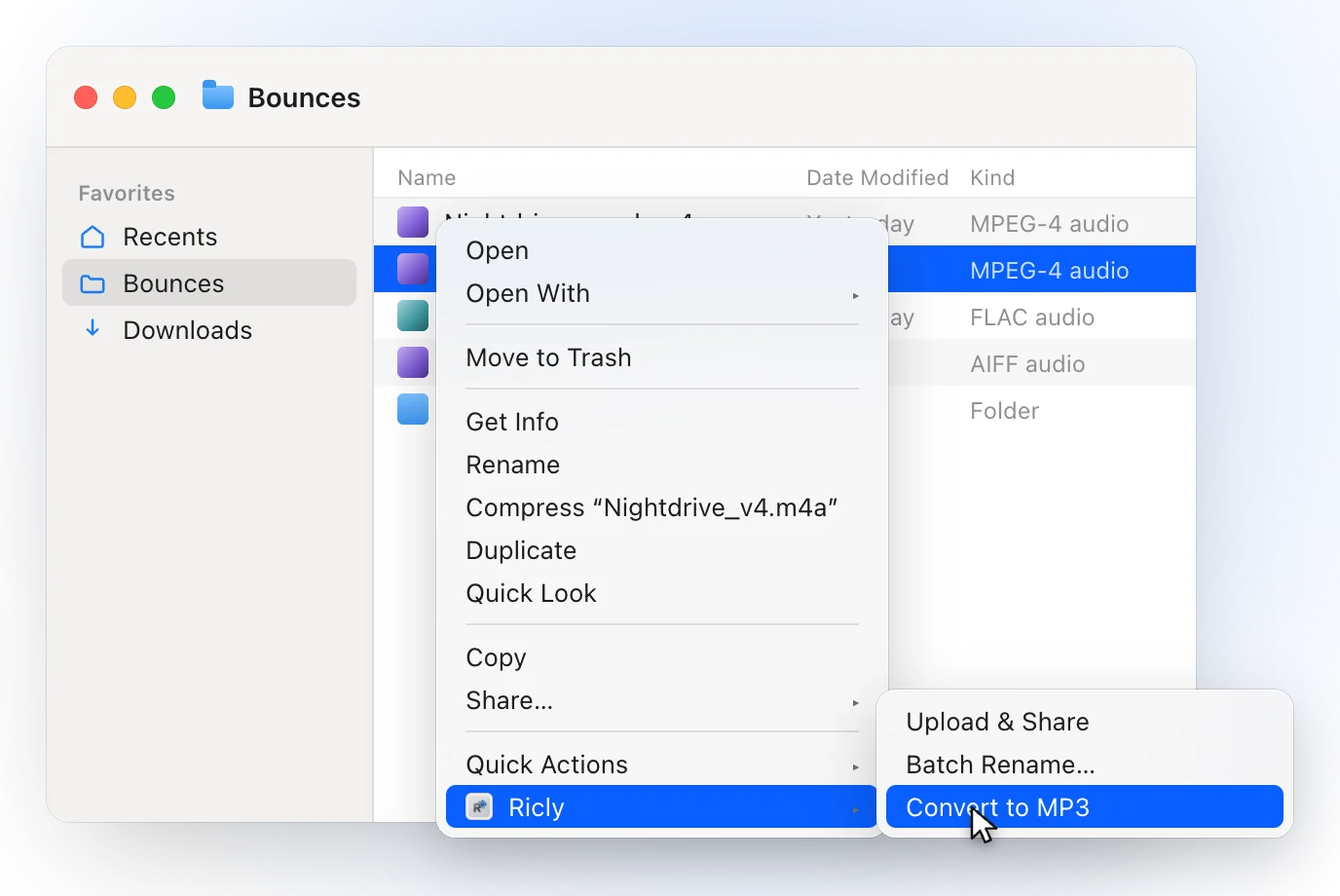A Finder window on a Bounces folder with Nightdrive_v4.m4a selected and the right-click menu open on Ricly, with Convert to MP3 highlighted