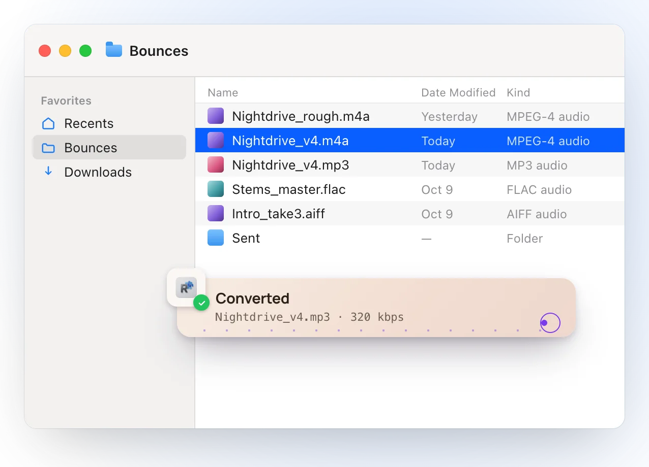 The Finder after converting: Nightdrive_v4.mp3 appears next to Nightdrive_v4.m4a, and a Ricly notice reads Converted, Nightdrive_v4.mp3, 320 kbps