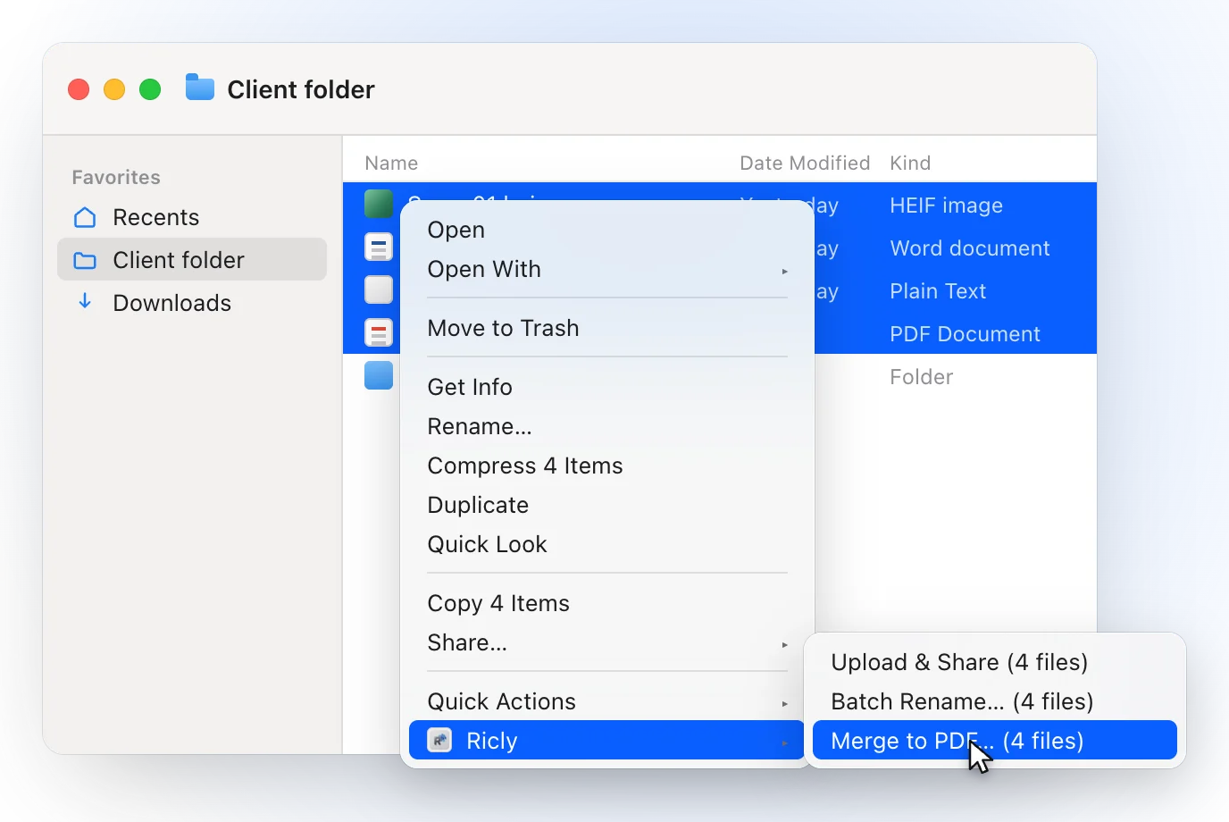 A Finder window with four files selected — a HEIC scan, a Word document, a text file and a PDF — and the right-click menu open on Ricly, with Merge to PDF… (4 files) highlighted
