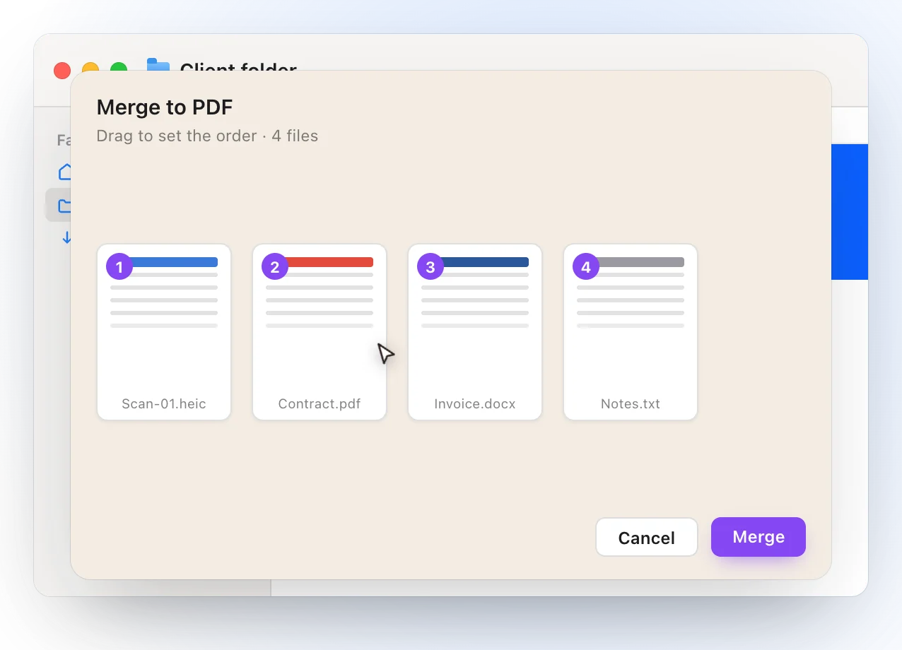 The Merge to PDF picker showing four thumbnails numbered 1 to 4, Scan-01.heic, Contract.pdf, Invoice.docx and Notes.txt, with Cancel and Merge buttons