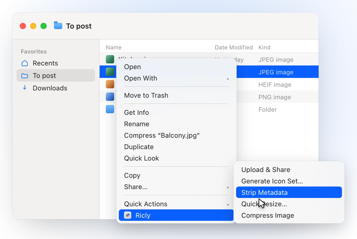 A Finder window on a To post folder with Balcony.jpg selected and the right-click menu open on Ricly, with Strip Metadata highlighted