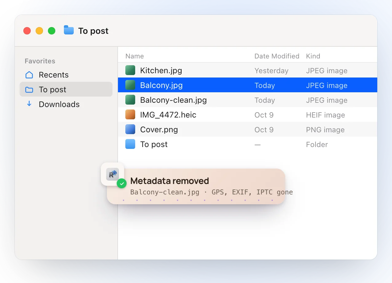 The Finder after cleaning: Balcony-clean.jpg appears next to Balcony.jpg, and a Ricly notice reads Metadata removed, Balcony-clean.jpg, GPS, EXIF, IPTC gone
