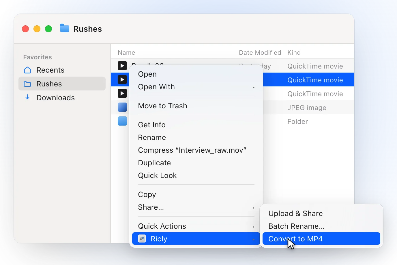 A Finder window on a Rushes folder with Interview_raw.mov selected and the right-click menu open on Ricly, with Convert to MP4 highlighted