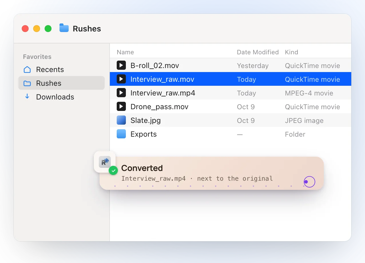 The Finder after converting: Interview_raw.mp4 appears next to Interview_raw.mov, and a Ricly notice reads Converted, Interview_raw.mp4, next to the original