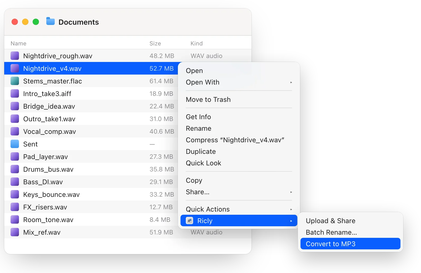 A Finder window with Nightdrive_v4.wav (52.7 MB) selected, the right-click menu open on Ricly, and Convert to MP3 highlighted in the Ricly submenu