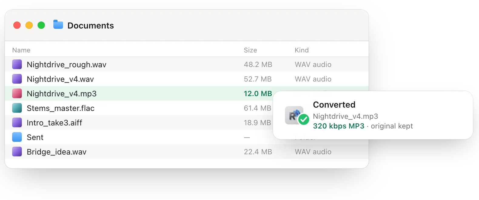 The Finder after converting: Nightdrive_v4.wav stays at 52.7 MB and Nightdrive_v4.mp3 appears next to it at 12.0 MB