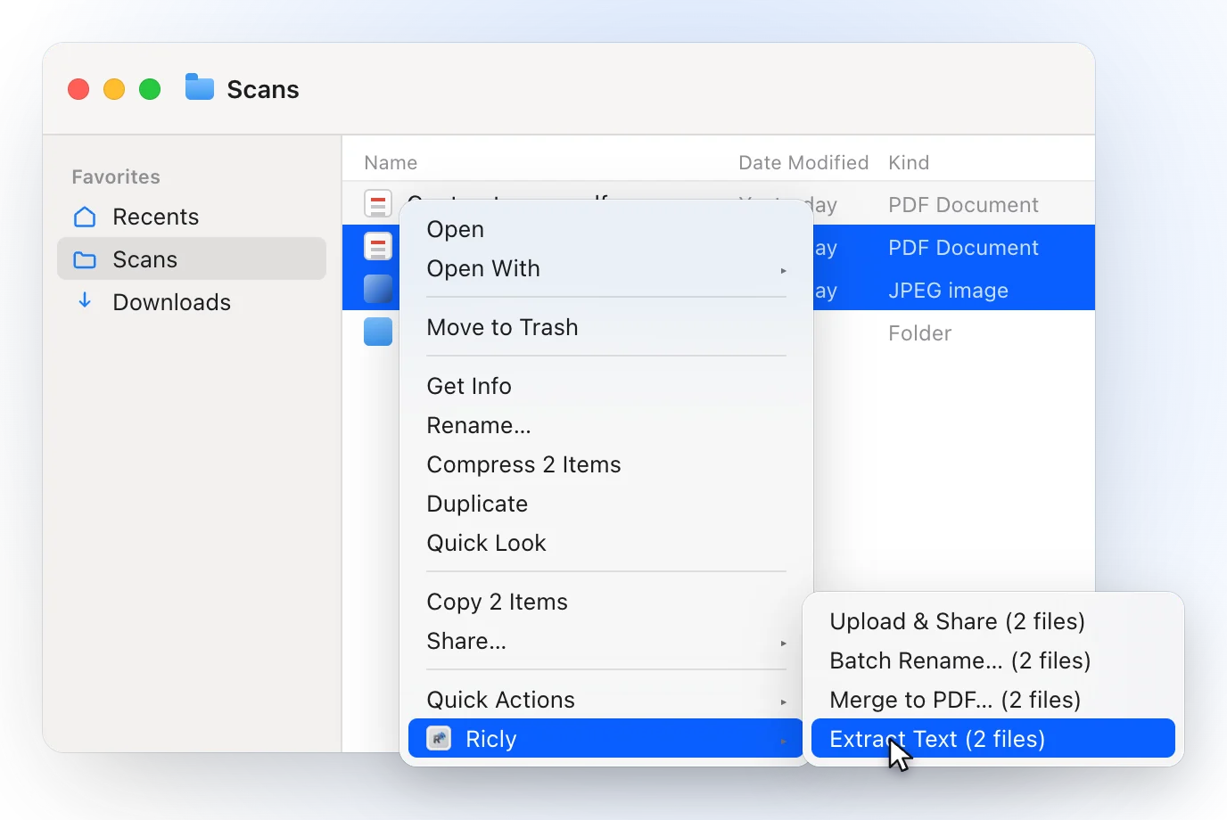 A Finder window on a Scans folder with a PDF and a JPG selected and the right-click menu open on Ricly, with Extract Text (2 files) highlighted