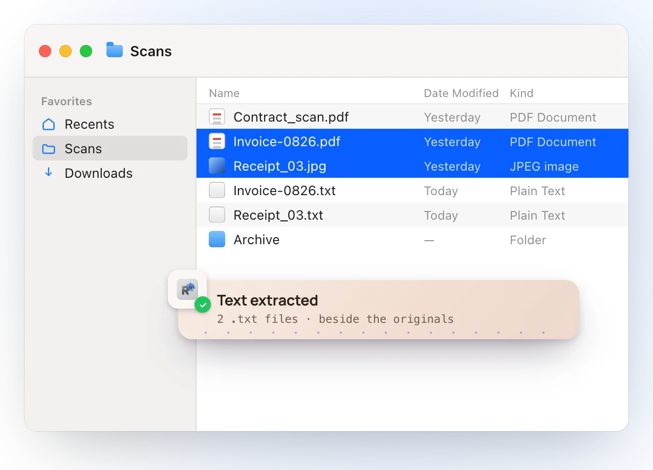 The Finder after extracting: Invoice-0826.txt and Receipt_03.txt appear next to the originals, and a Ricly notice reads Text extracted, 2 .txt files, beside the originals