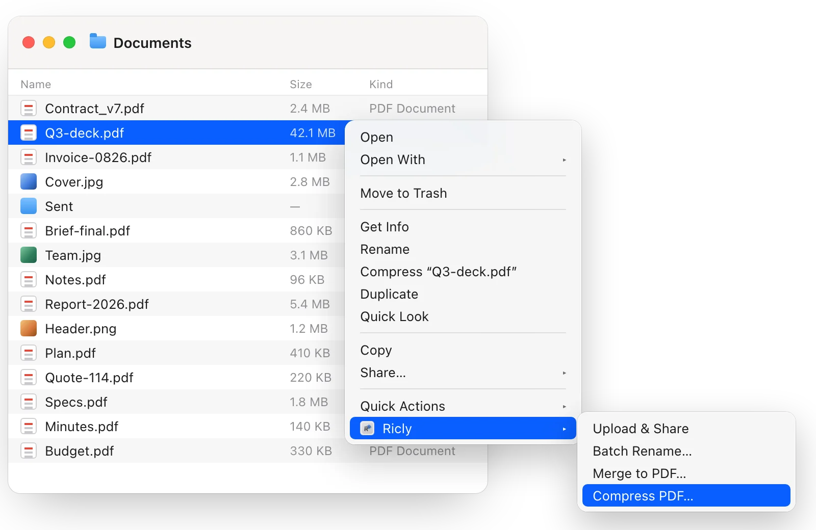 A Finder window with Q3-deck.pdf (42.1 MB) selected, the right-click menu open on Ricly, and Compress PDF… highlighted in the Ricly submenu