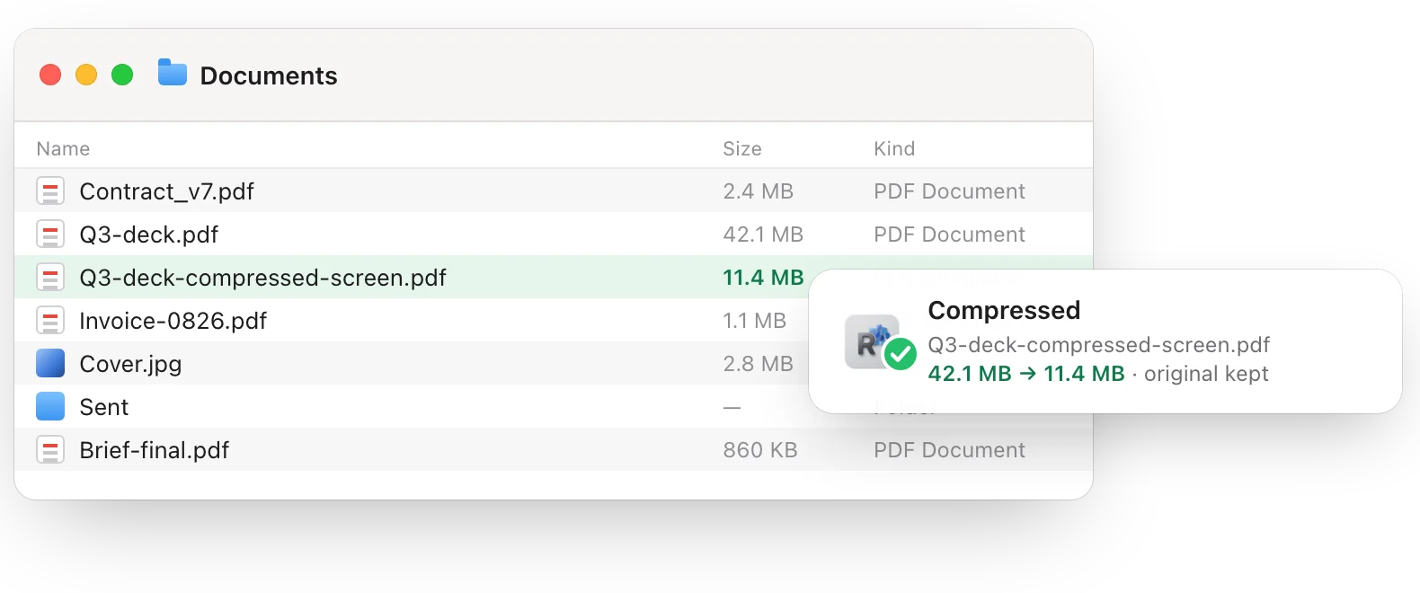 The Finder after compressing: Q3-deck.pdf stays at 42.1 MB and Q3-deck-compressed-screen.pdf appears next to it at 11.4 MB