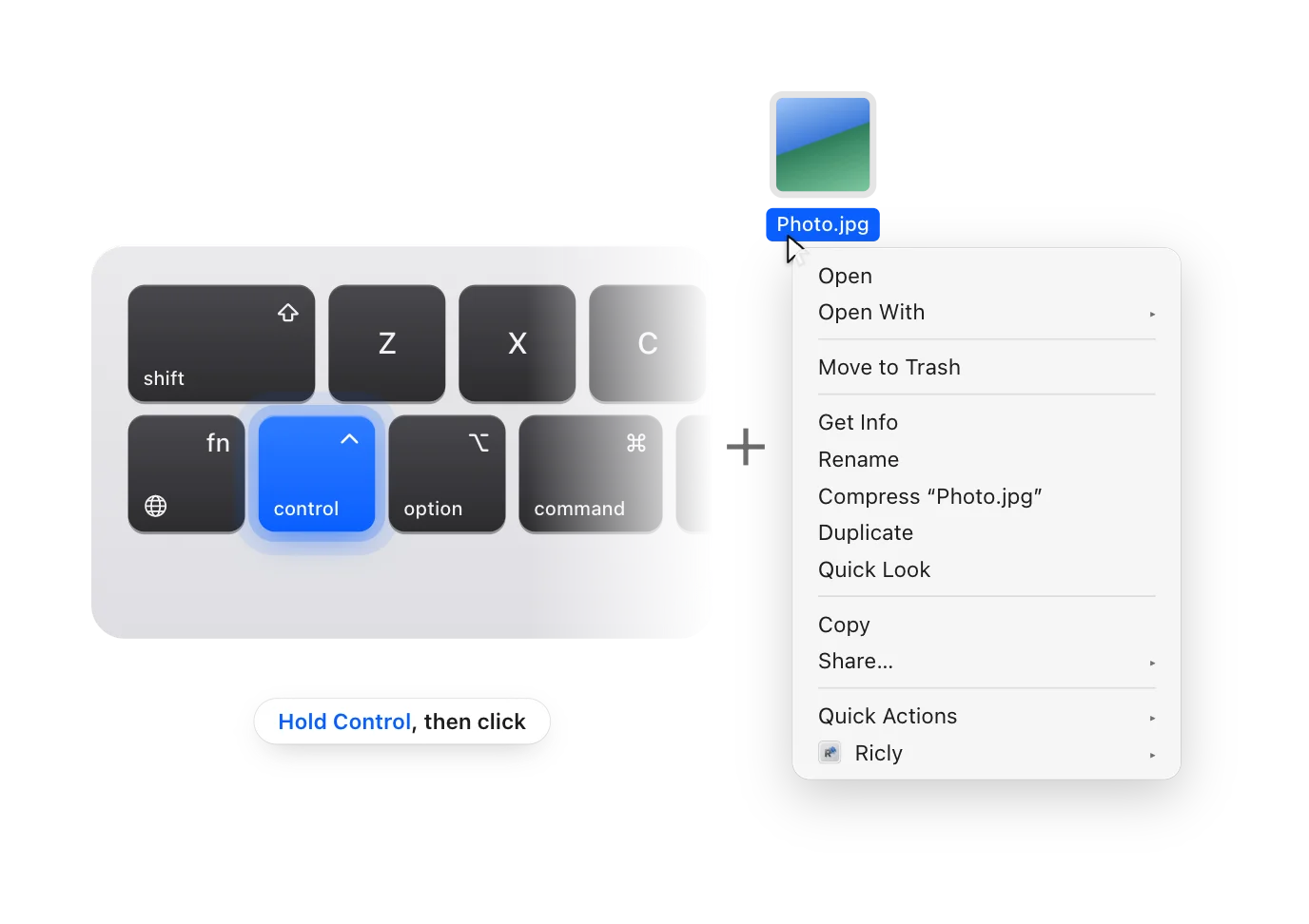 The Control key on a Mac keyboard, highlighted, then a click on a file that opens the right-click menu