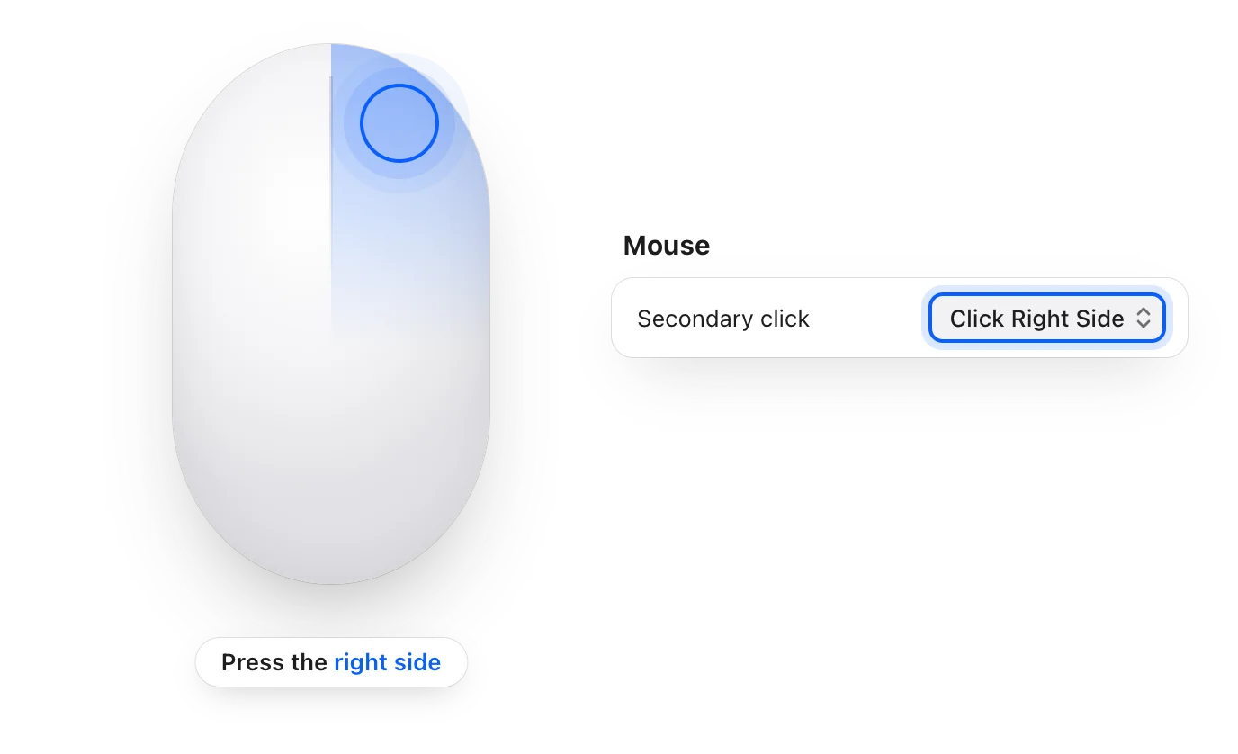 A mouse with its right side highlighted, and Secondary click set to Click Right Side