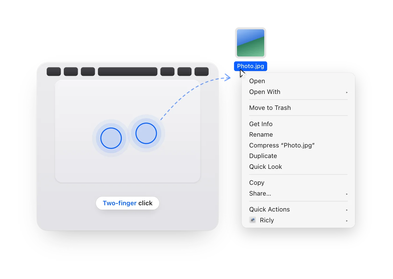 Two fingers click a MacBook trackpad and the right-click menu opens in the Finder