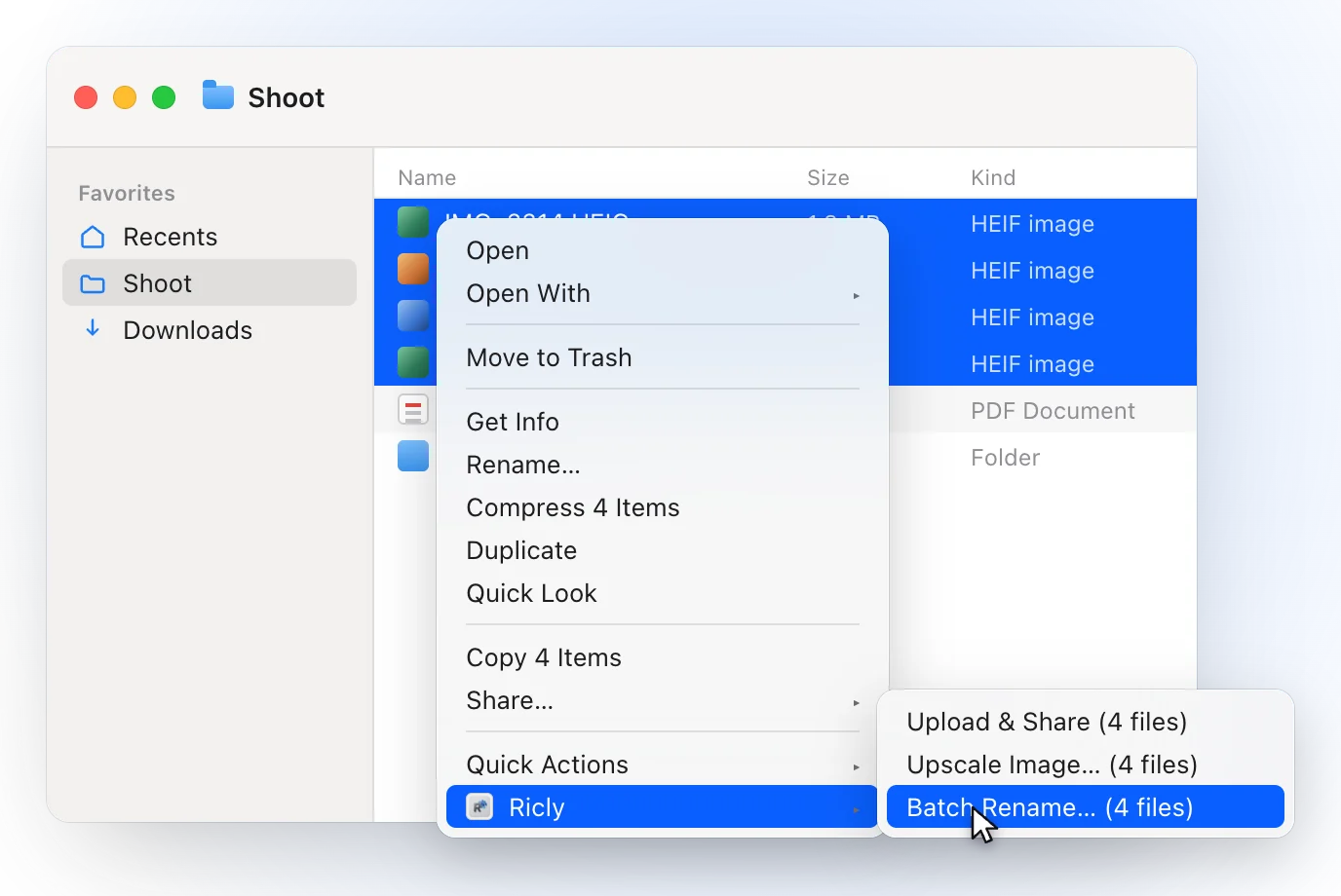 A Finder window on a Shoot folder with four HEIC photos selected and the right-click menu open on Ricly, with Batch Rename (4 files) highlighted