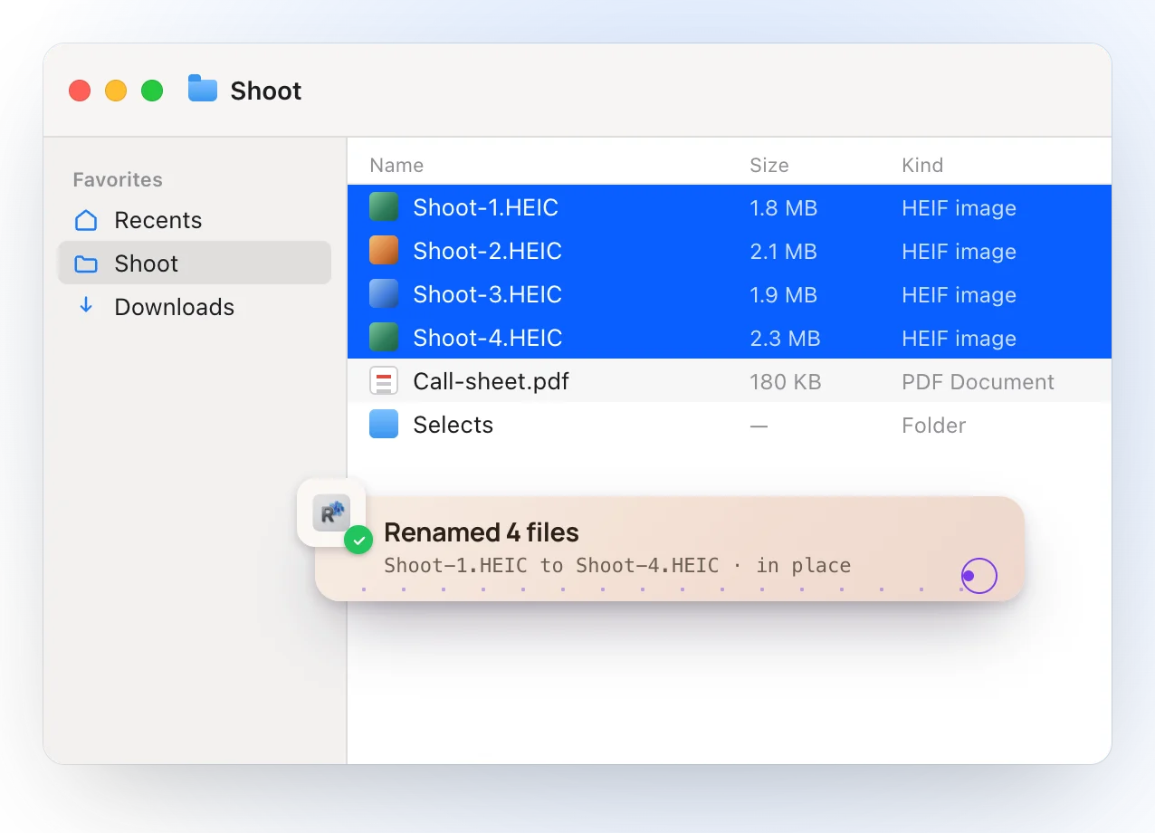 The Finder after renaming: the four photos now read Shoot-1.HEIC to Shoot-4.HEIC, and a Ricly notice reads Renamed 4 files, in place