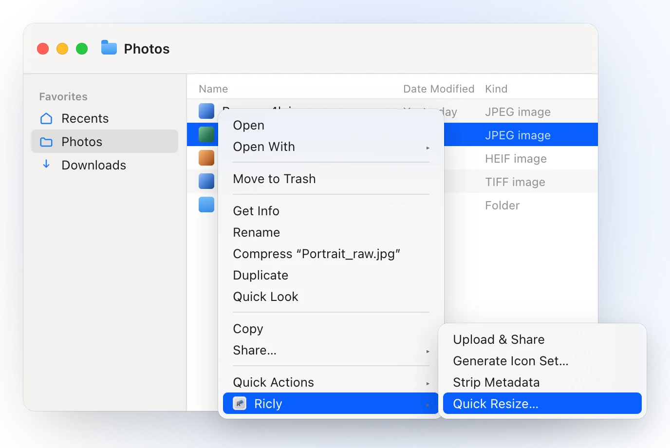 A Finder window on a Photos folder with Portrait_raw.jpg selected and the right-click menu open on Ricly, with Quick Resize highlighted