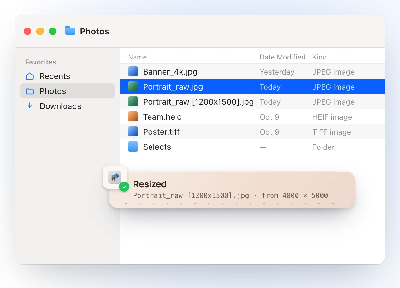 The Finder after resizing: Portrait_raw [1200x1500].jpg appears next to Portrait_raw.jpg, and a Ricly notice reads Resized, from 4000 × 5000