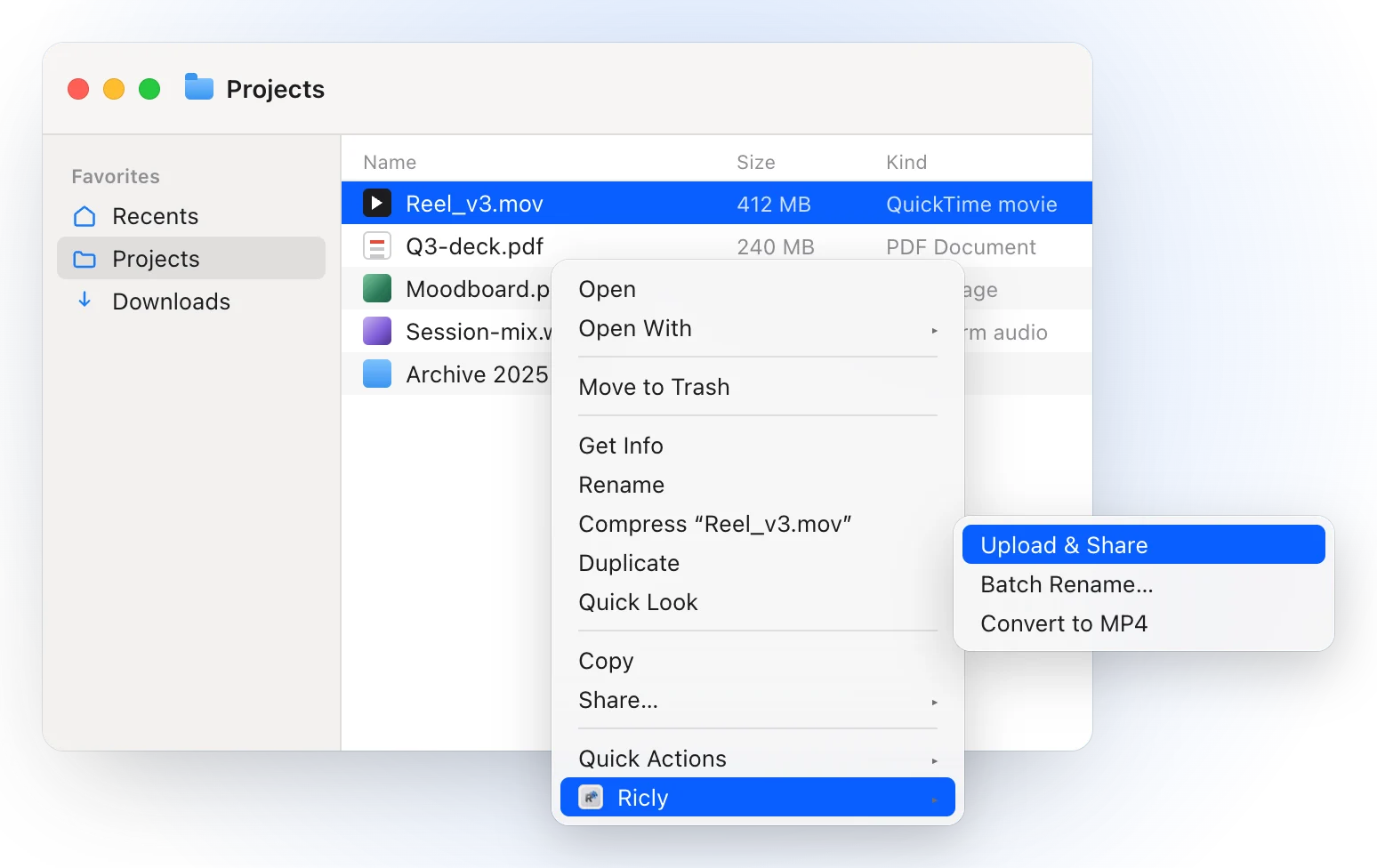 A Finder window on a Projects folder with Reel_v3.mov selected and the right-click menu open on Ricly, with Upload & Share highlighted