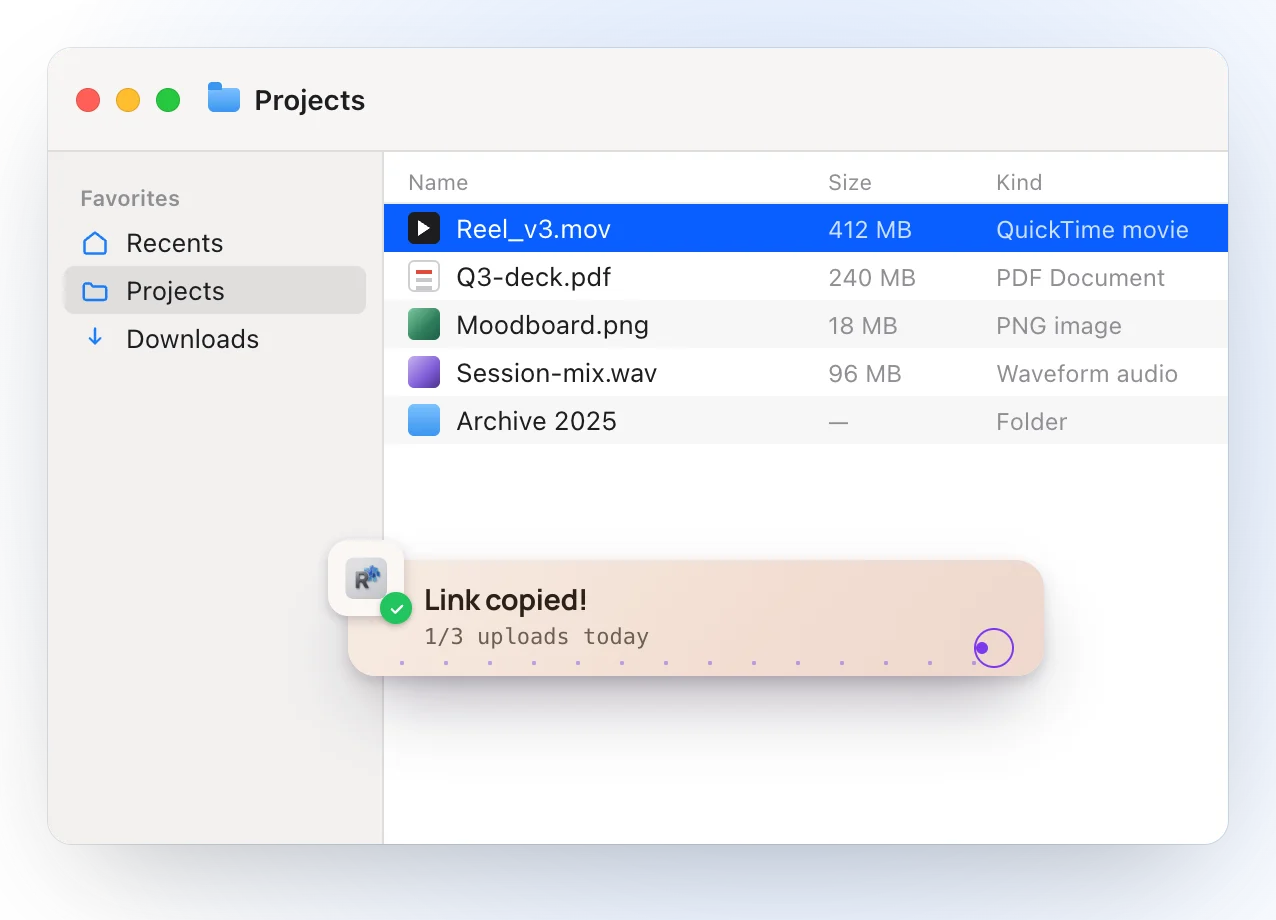 A Ricly notice over the Finder reads Link copied, 1 of 3 uploads today