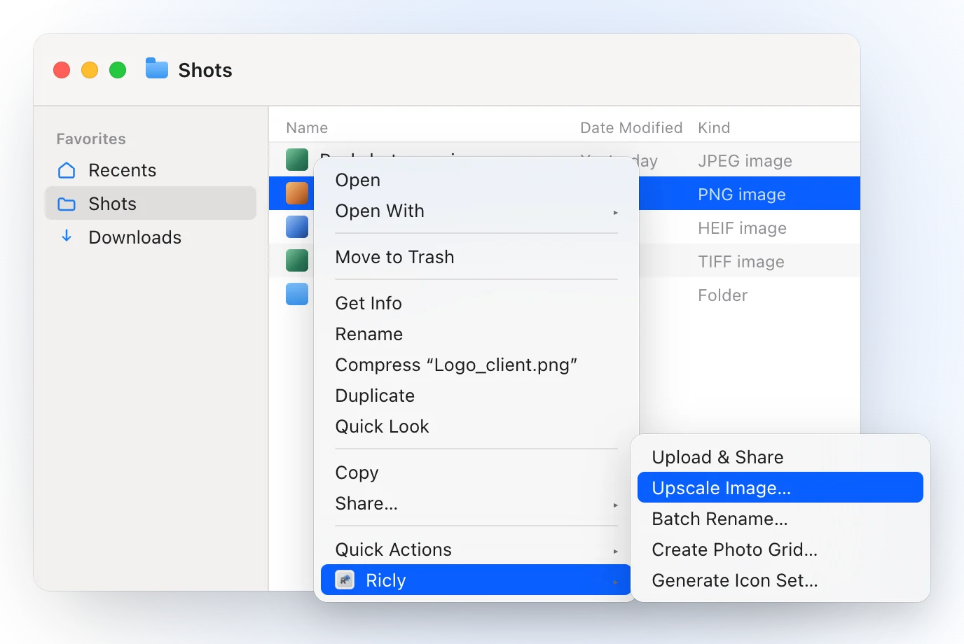 A Finder window on a Shots folder with Logo_client.png selected and the right-click menu open on Ricly, with Upscale Image… highlighted