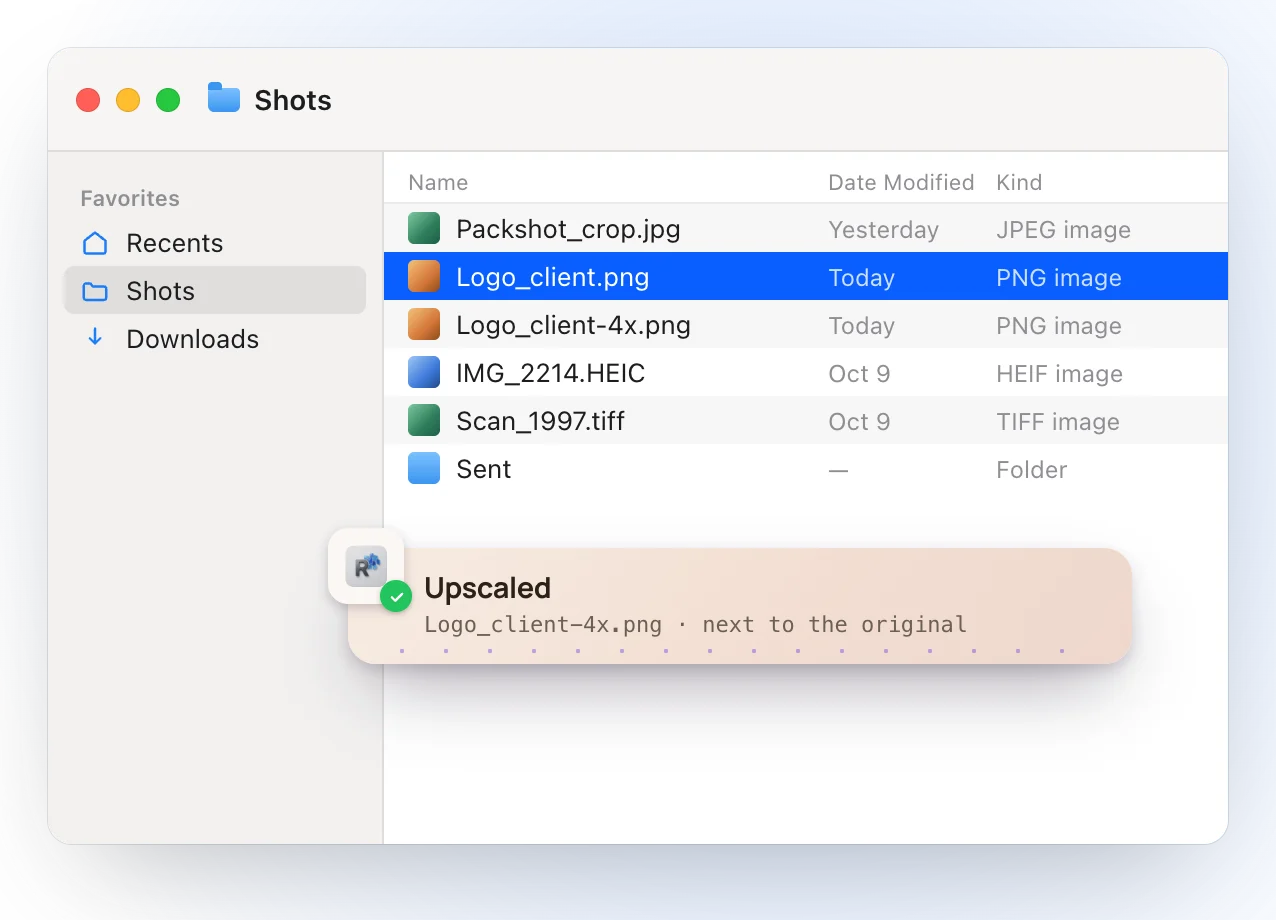 The Finder after upscaling: Logo_client-4x.png appears next to Logo_client.png, and Ricly’s notice says Upscaled