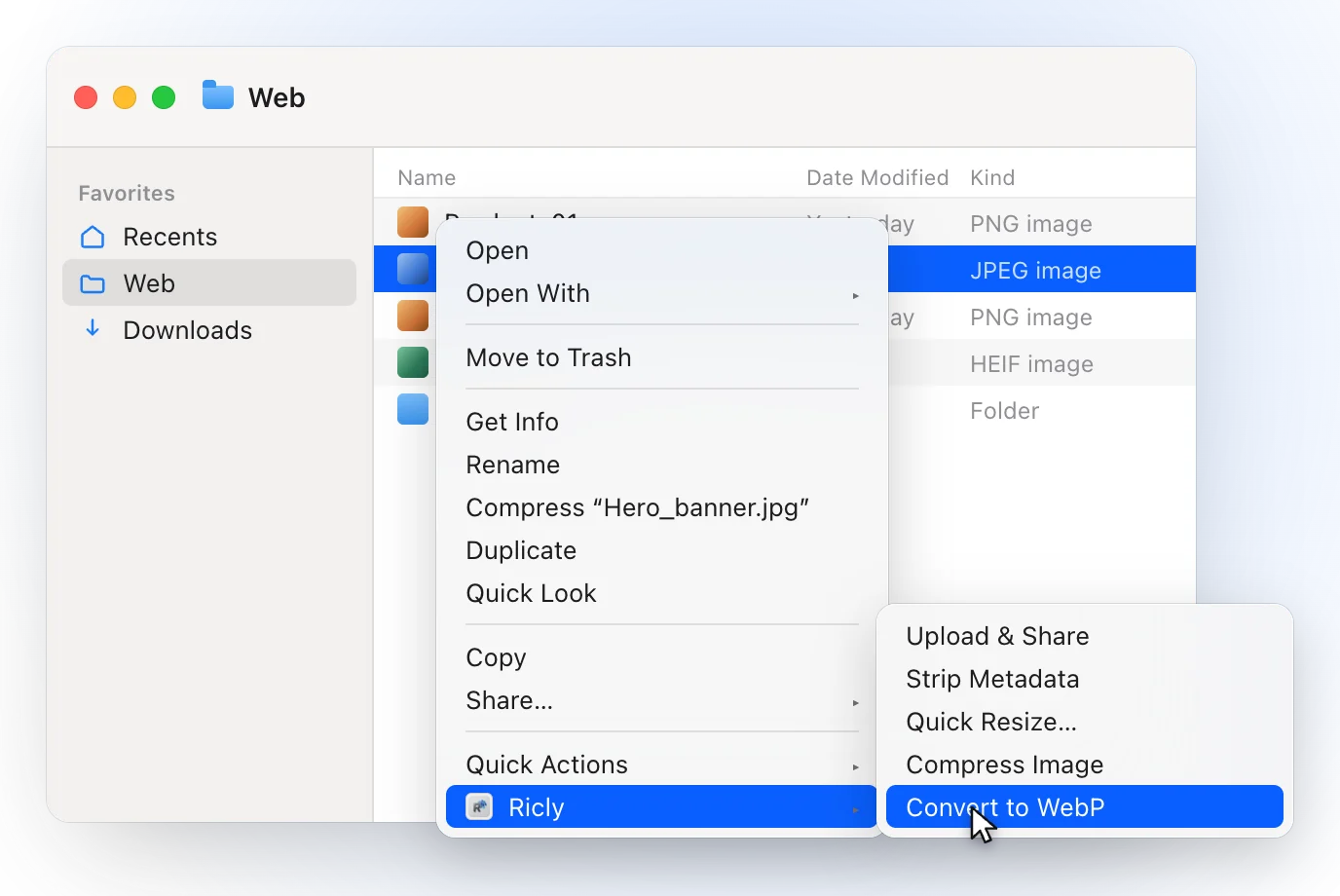 A Finder window on a Web folder with Hero_banner.jpg selected and the right-click menu open on Ricly, with Convert to WebP highlighted