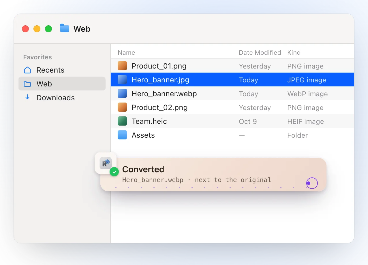 The Finder after converting: Hero_banner.webp appears next to Hero_banner.jpg, and a Ricly notice reads Converted, Hero_banner.webp, next to the original
