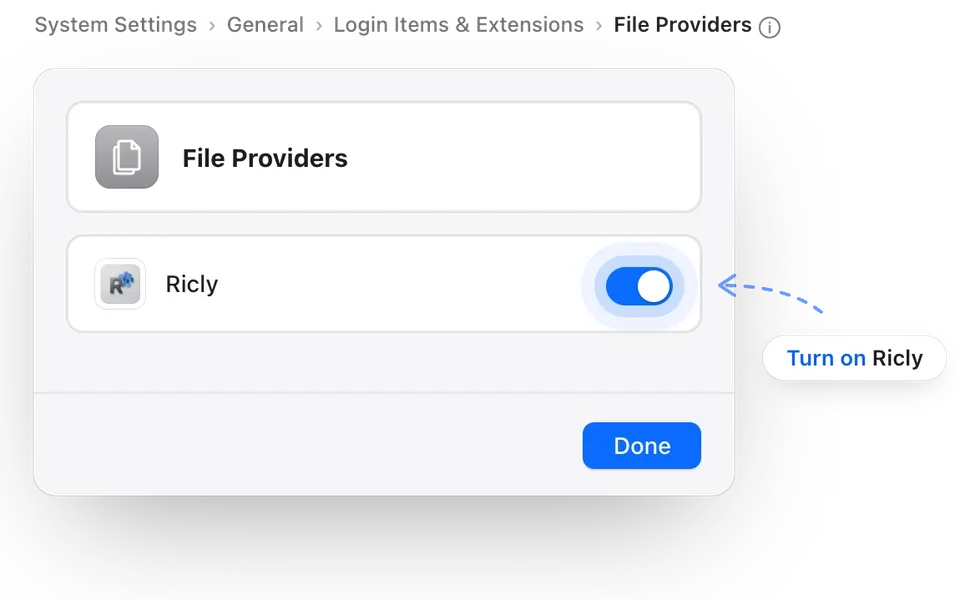 System Settings, File Providers: the switch next to Ricly is on