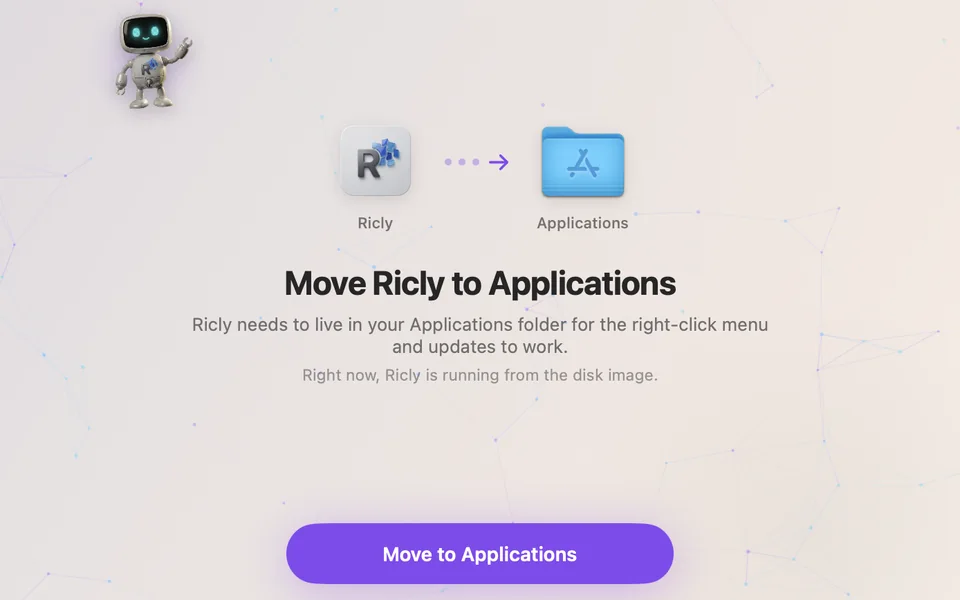 Ricly’s first window: Move Ricly to Applications, with a Move to Applications button